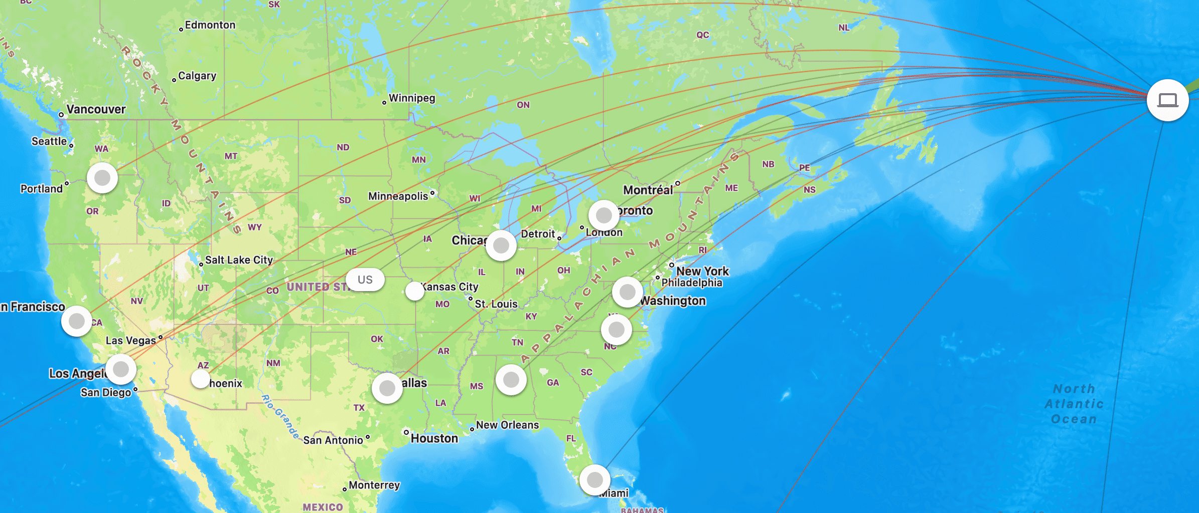 A screenshot from LittleSnitch map showing all the blocked connections to the US