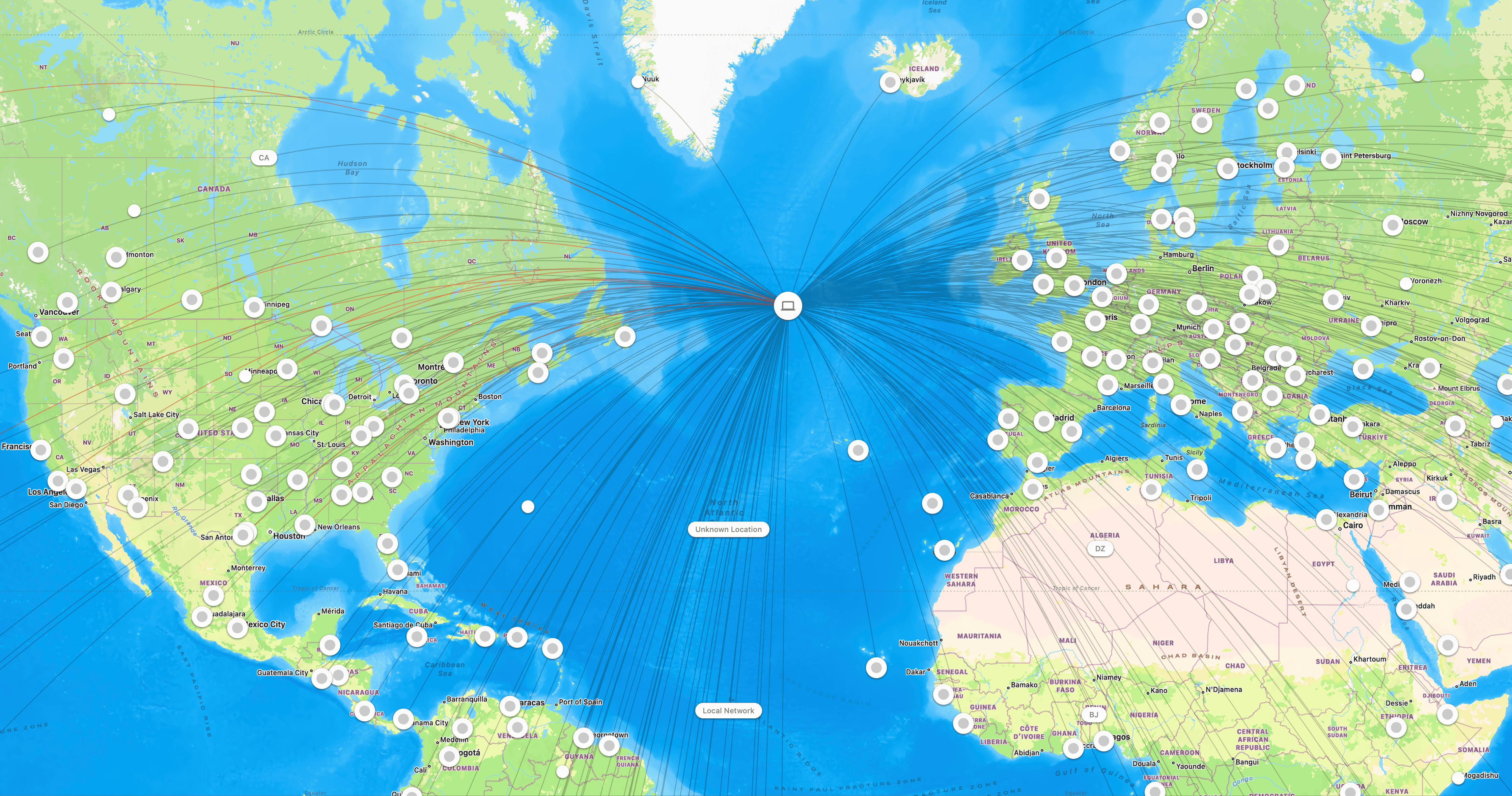 A screenshot of the LittleSnitch map view and a world full of connections